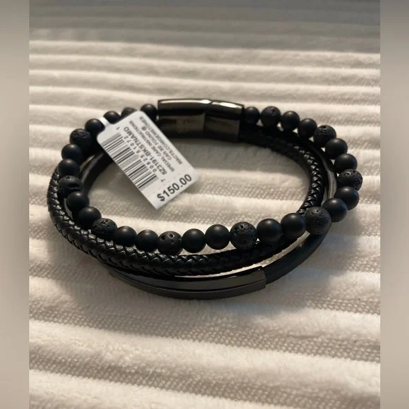 MEN'S ONYX&LAVA BEAD TRIPLE ROW BRAIDED LEATHER BRACELET BLACK ION-PLATED SS J47
